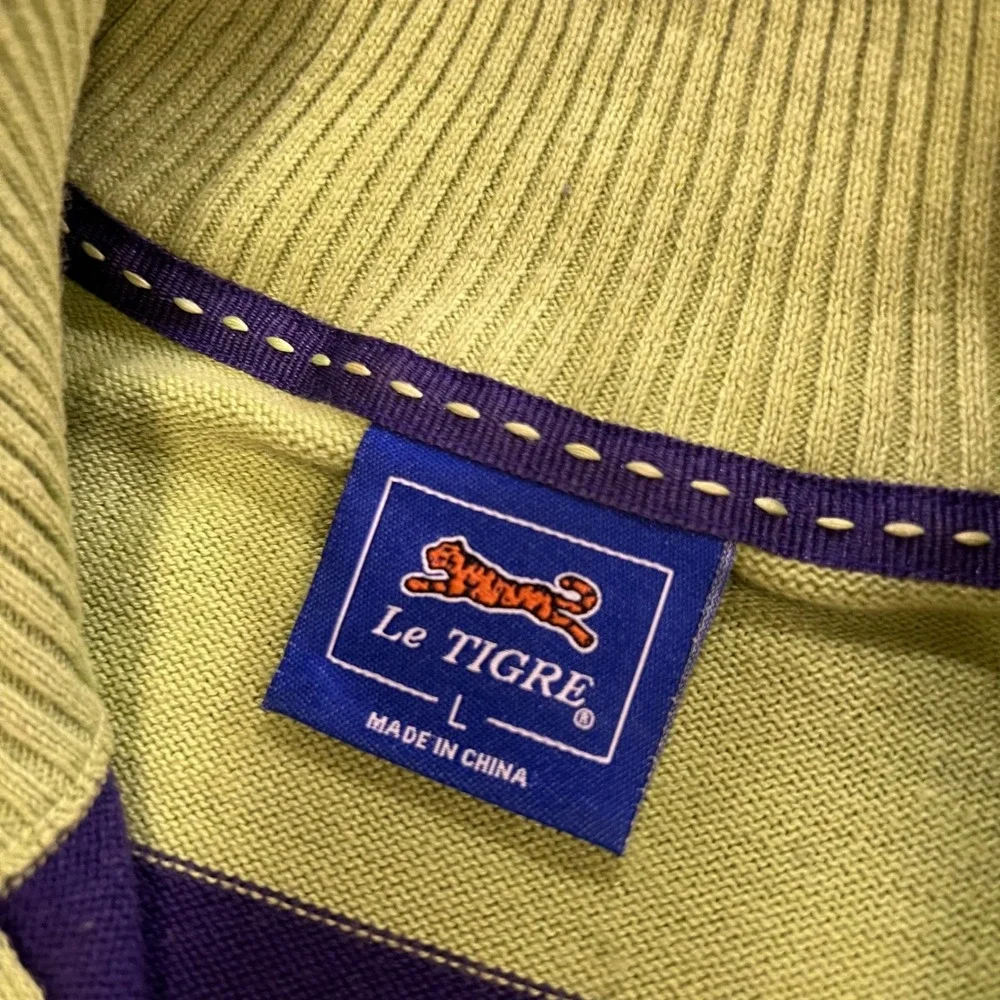 Le Tigre Quarter Zip Sweater Mens Large Green Purple Striped Cotton Pullover